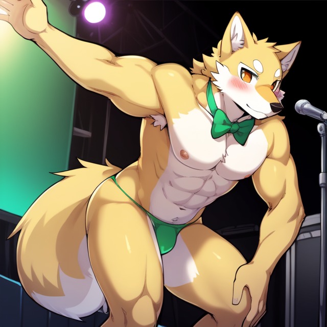 anthro blush bowtie bulge clothing fur male male_focus muscular muscular_anthro muscular_male orange_eyes solo solo_focus stage the_return_to_freddy's thong underwear yellow_body yellow_fur candougie five_nights_at_freddy's fang_(trtf) canid canine canis mammal wolf