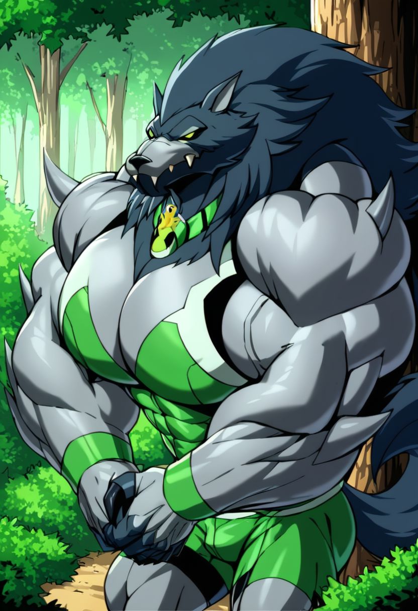 anthro ben_10 big_muscles cartoon_network clothing forest fur green_clothing grey_body grey_fur huge_muscles huge_pecs male muscular plant pony_diffusion_(model) shrub solo tree malachiteai blitzwolfer alien canid canine canis loboan mammal were werecanid werecanine werewolf wolf hi_res