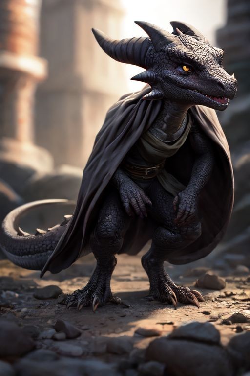 ambiguous_gender anthro belt belt_buckle black_body black_scales blurred_background blurred_foreground claws cloak clothed clothing horn photorealism scales snout solo toe_claws yellow_eyes dimot hybrid kobold scalie digital_media_(artwork) portrait shaded