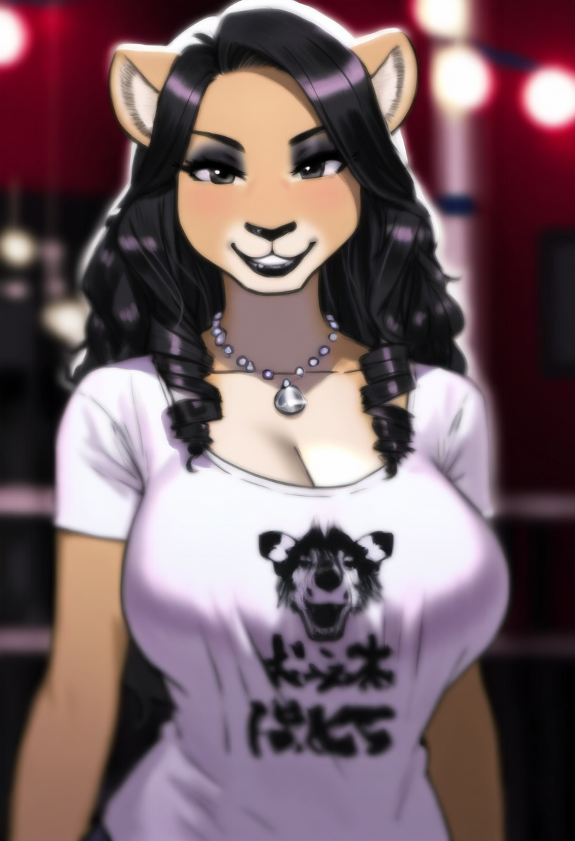 anthro black_hair breasts cleavage clothed clothing eyeshadow female grey_eyes hair jewelry large_breasts long_hair makeup necklace shirt solo t-shirt topwear majorfluffy_(director) felid lion mammal pantherine hi_res