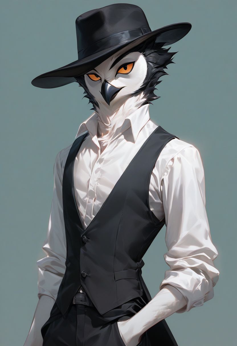 anthro beak belt_buckle bottomwear clothing feathers fedora hat headgear headwear male pants rolled_up_sleeves shirt simple_background solo topwear vest yellow_sclera rune_parrot avian bird owl hi_res