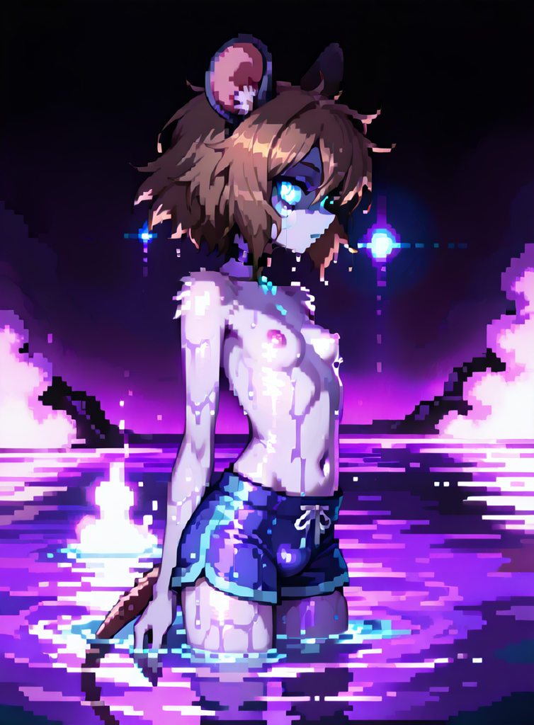 anthro breasts bulge clothing fur glowing glowing_eyes gynomorph intersex mouse_ears nipples solo swimwear tail water wet wet_body wet_fur diltoid25 timothy_(diltoid25) mammal mouse murid murine rodent digital_media_(artwork) pixel_(artwork)