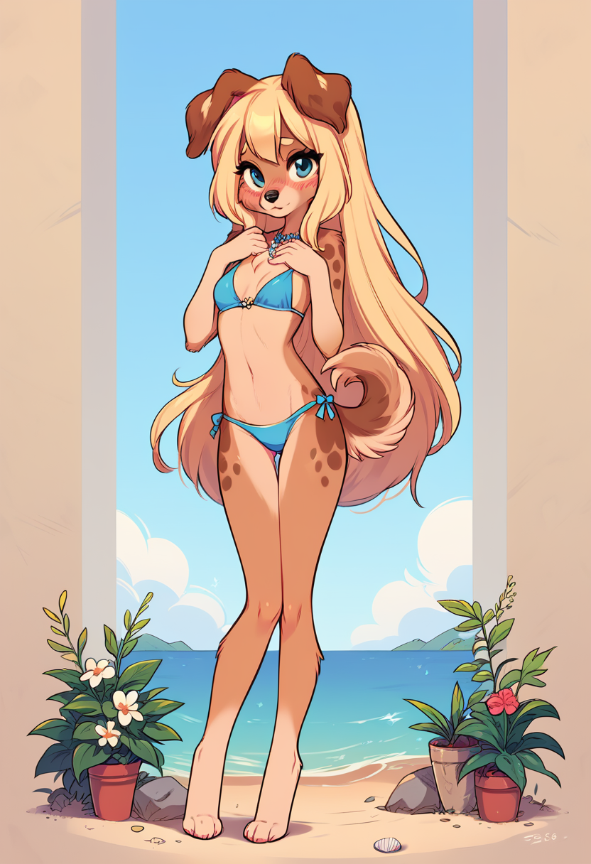 anthro beach bikini breasts clothing female looking_at_viewer pose seaside small_breasts solo standing swimwear teenager young foxlover7796 zofie_(fluff-kevlar) canid canine canis domestic_dog mammal hi_res