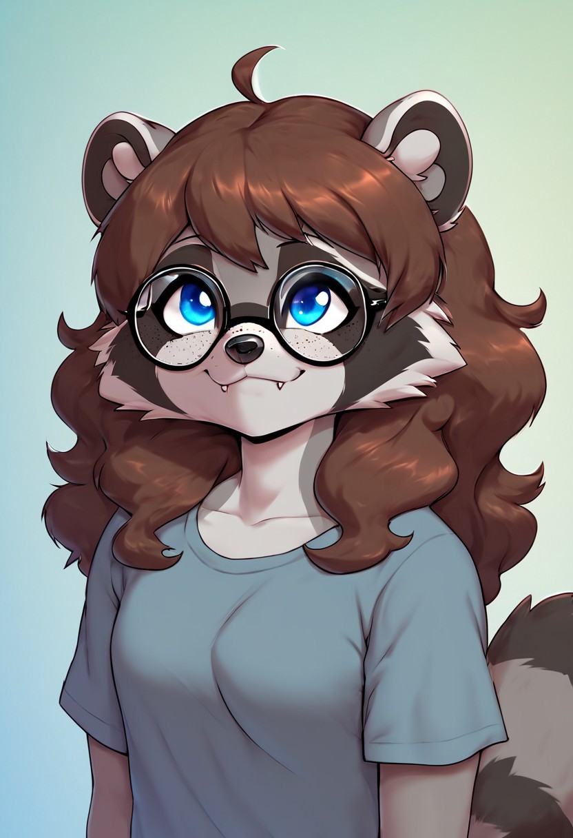 anthro clothed clothing eyewear fangs female freckles glasses smile solo sparkling_eyes daryexai leanna_(daryexai) mammal procyonid raccoon hi_res