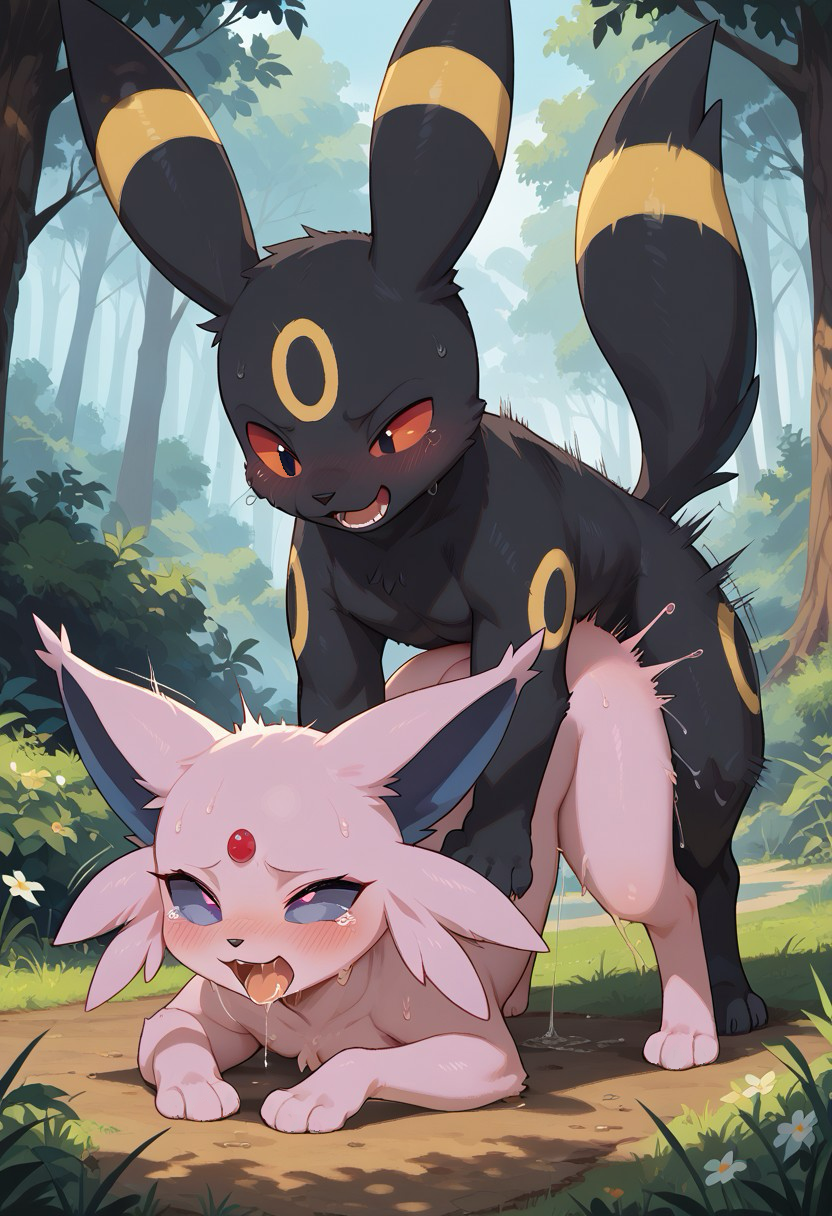 ambiguous_penetration bodily_fluids dominant dominant_male drooling duo female female_penetrated feral feral_on_feral forest looking_pleasured male male/female male_penetrating male_penetrating_female motion_lines penetration plant saliva sex submissive submissive_female sweat tree cosmosuscoliosus nintendo pokemon eeveelution espeon generation_2_pokemon pokemon_(species) umbreon hi_res