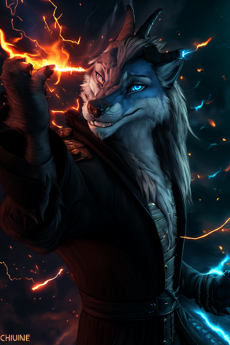 anthro cinematic_lighting clothing dragon/wolf electricity light looking_at_viewer magic magic_user male smile solo uniform kavka kusac_kavka hybrid lighting