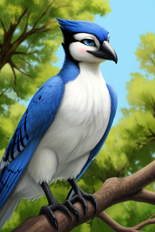 avian_feet blue_body blue_eyes blue_feathers blue_fur blush branch feathers female feral fur in_tree looking_away plant sitting sitting_in_tree smile solo tree wings angry_puppy avian bird