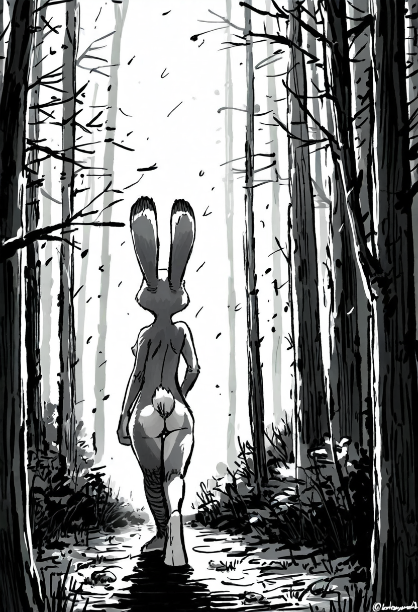 anthro ears_up female forest nude outside plant rear_view solo tree walking zootopia acemagex judy_hopps lagomorph leporid mammal rabbit greyscale hi_res monochrome