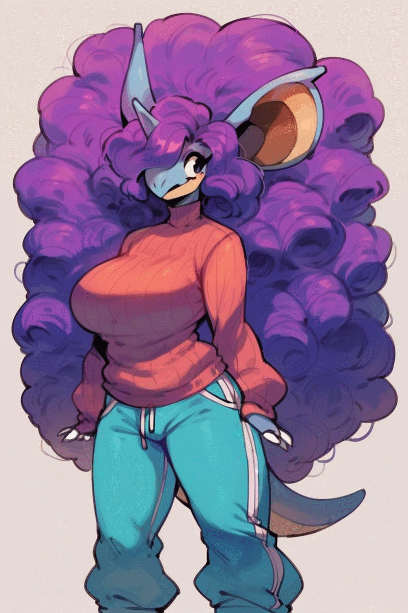 anthro baggy_pants big_breasts blue_body blue_bottomwear blue_clothing blue_pants blue_scales bottomwear breasts clothing countershade_face countershading curled_hair female hair hair_over_one_eye horn hyper hyper_ears hyper_hair long_hair pants pokemon pokemorph purple_eyes purple_hair red_clothing red_topwear ribbed_clothing ribbed_sweater scales simple_background smile solo standing sweater sweatpants thick_tail topwear white_background dakka generation_1_pokemon nidoqueen pokemon_(species) hi_res