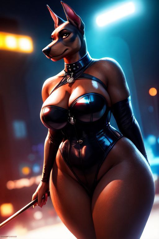 anthro big_breasts breasts cleavage clothed clothing collar curvaceous curvy_figure dominatrix female latex riding_crop solo thick_thighs voluptuous whip wide_hips thesouthkorean23 canid canine canis dobermann domestic_dog mammal pinscher