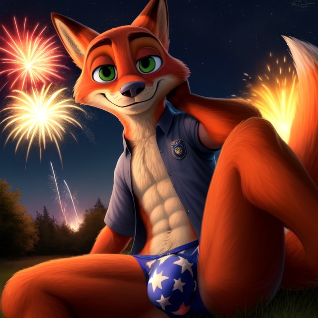 4th_of_july anthro bulge clothing disney fireworks fur green_eyes looking_at_viewer male night night_sky panties plant presenting smile smiling_at_viewer solo stars_and_stripes underwear united_states_of_america zootopia angry_puppy nick_wilde canid canine canis fox mammal colored colorful