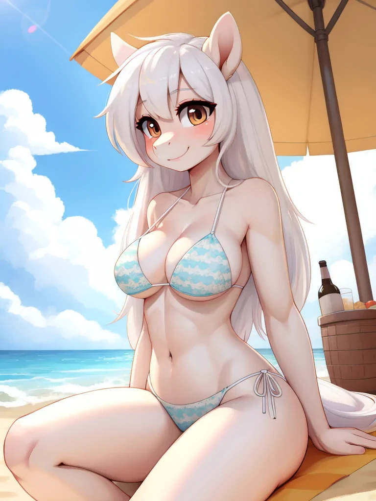 anthro beach beach_background bikini blue_bikini blue_clothing blue_swimwear clothing female hair long_hair looking_at_viewer seaside smile smiling_at_viewer solo swimwear white_body white_hair white_skin yiff-ai equid equine horse mammal pony