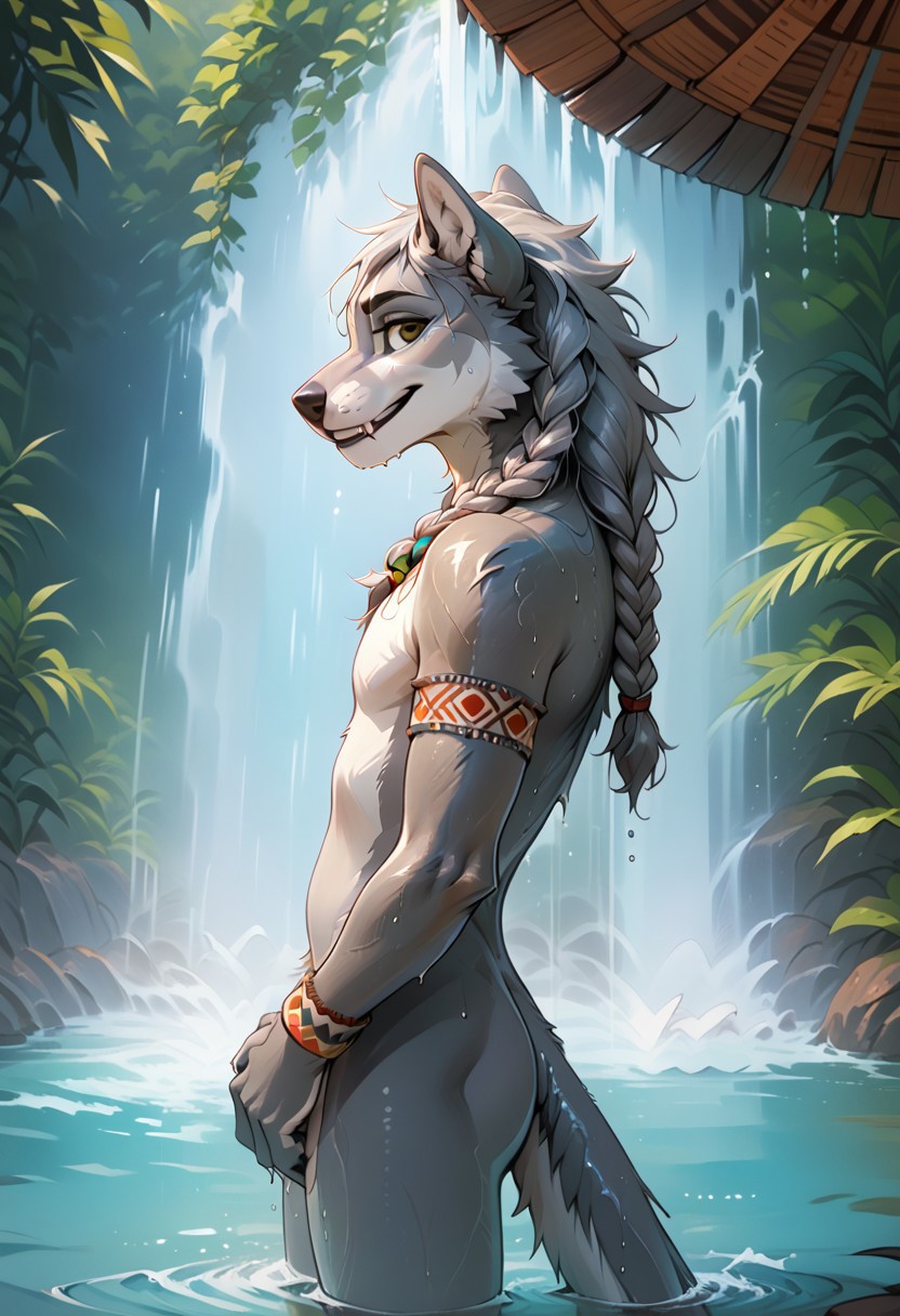 accessory anthro braided_hair butt covering covering_crotch day fur grey_body grey_fur hair hair_accessory jewelry looking_at_viewer male muscular native_american necklace nude outdoors pecs pony_diffusion_(model) prompt series solo tribal tribal_jewelry water waterfall wet wet_body wet_fur dunehound canid canine canis mammal wolf hi_res