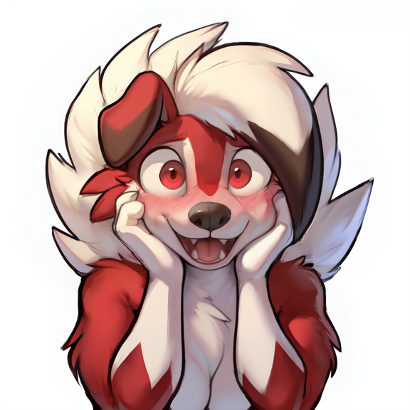 anthro blush blushing_profusely breasts cleavage clothed clothing fangs female hand_on_face neck_tuft open_mouth solo tongue tuft wide_eyed yandere anotherarcticfox canid generation_7_pokemon lycanroc mammal midnight_lycanroc pokemon_(species)