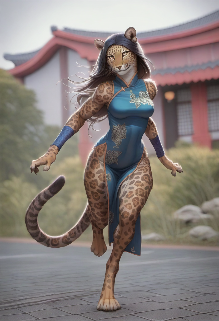 anthro asian_clothing blue_clothing brown_hair chinese_clothing chinese_dress clothed clothing digitigrade dress east_asian_clothing female golden_eyes hair long_hair looking_at_viewer outside running smile solo spots director_crashbandit felid jaguar mammal pantherine hi_res novelai