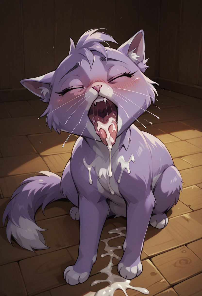 blush bodily_fluids cum cum_in_mouth cum_inside cum_on_body cum_on_ground cum_on_tongue eyelashes eyes_closed female feral fur genital_fluids pink_nose purple_body purple_fur solo tongue tongue_out strawberry_fennec yzma domestic_cat felid feline felis mammal hi_res