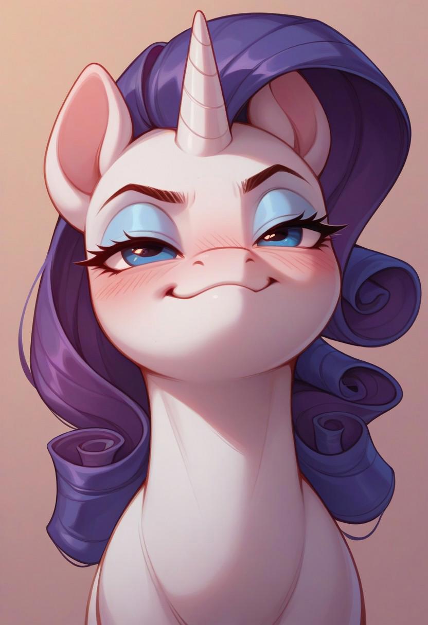 blue_eyes blush female feral fur hair horn long_hair makeup purple_hair simple_background smile smug_face solo tuft white_body white_fur humgeogre friendship_is_magic my_little_pony rarity_(mlp) equid equine horse mammal pony hi_res