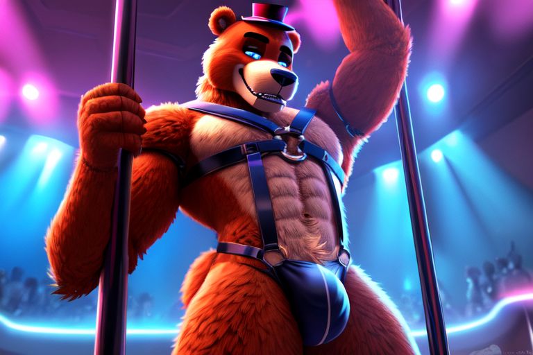 anthro athletic athletic_male blue_eyes brown_body brown_fur fur harness machine male multicolored_body muscular muscular_anthro muscular_male neon_lights pole solo stripper stripper_pole tuft two_tone_body magikbeans3 freddy_(fnaf) animatronic mammal robot ursid