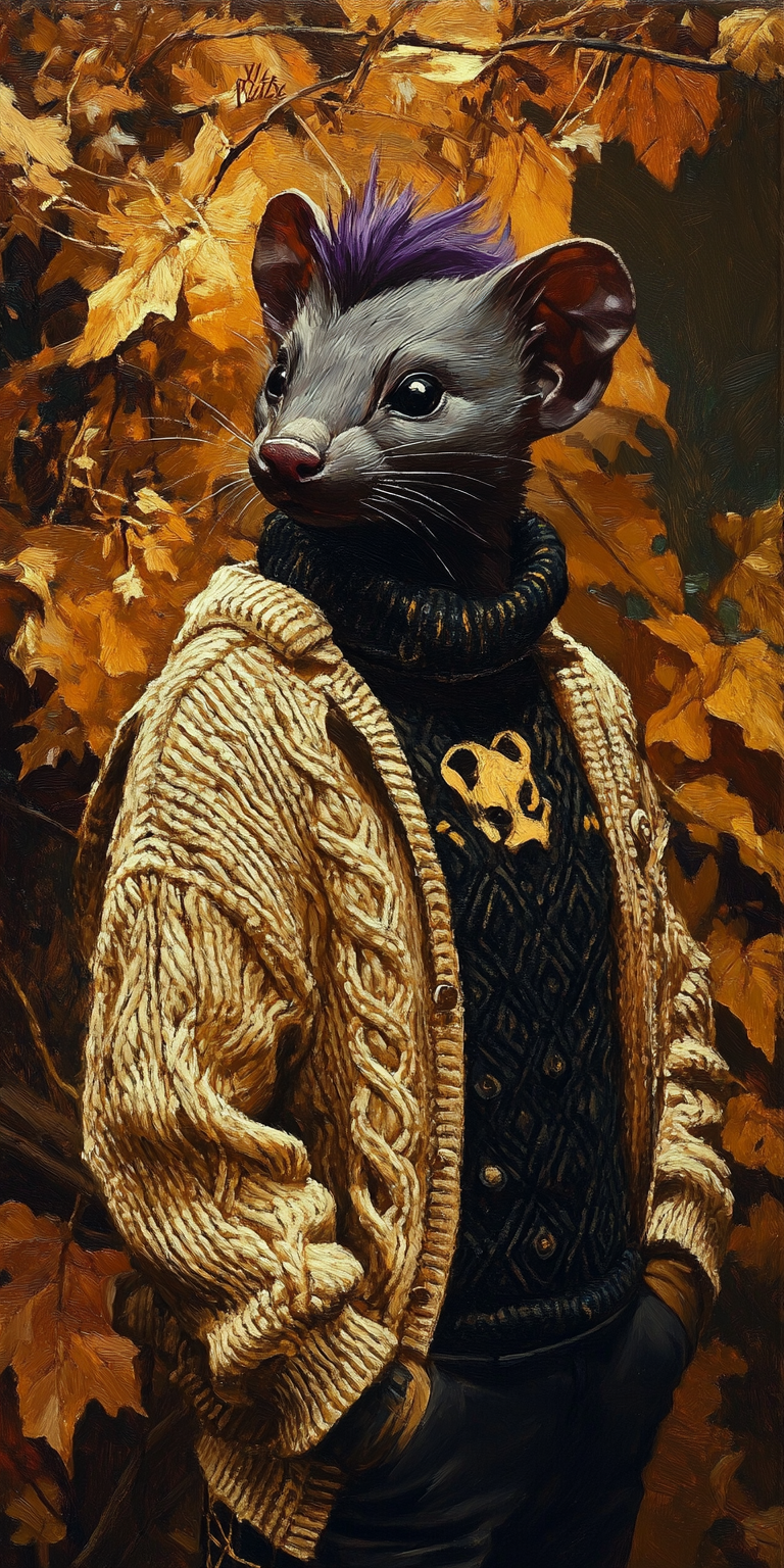 anthro autumn autumn_leaves black_eyes clothing hair male pink_ears pink_nose purple_hair solo solo_focus sweater topwear turtleneck bahufaru kiley_saint-clair_(bahufaru) mammal mustela mustelid musteline true_musteline hi_res portrait