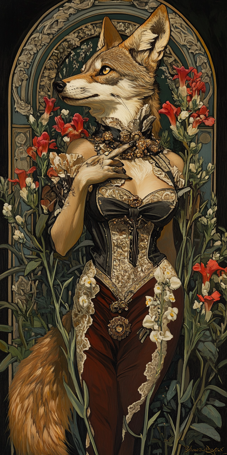 anthro clothing collar corset dress female floral_background flower lingerie ornate plant solo topwear yellow_eyes bahufaru sarah_doyle canid canine canis coyote mammal hi_res