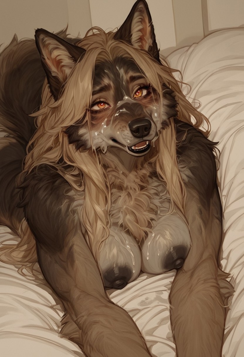 after_sex amber_eyes anthro bed black_nipples bodily_fluids brown_body brown_fur cum cum_on_face female fur furniture genital_fluids hair lying lying_on_bed nipples on_bed on_front solo white_hair corsetlover69 canid canine canis mammal wolf hi_res