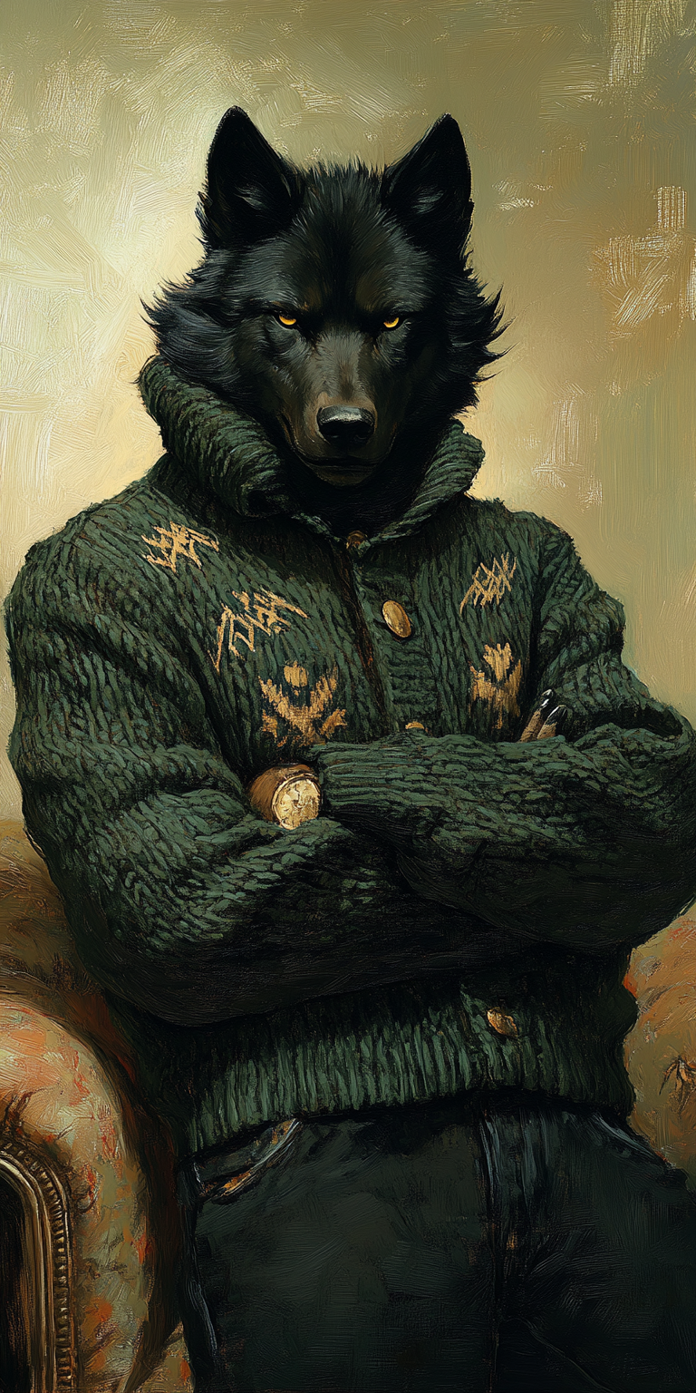 anthro black_body black_fur black_nose bottomwear button_(fastener) clock clothing denim denim_clothing fur furniture jeans male pants sofa solo solo_focus sweater topwear watch wristwatch yellow_eyes bahufaru thrash canid canine canis mammal wolf hi_res portrait