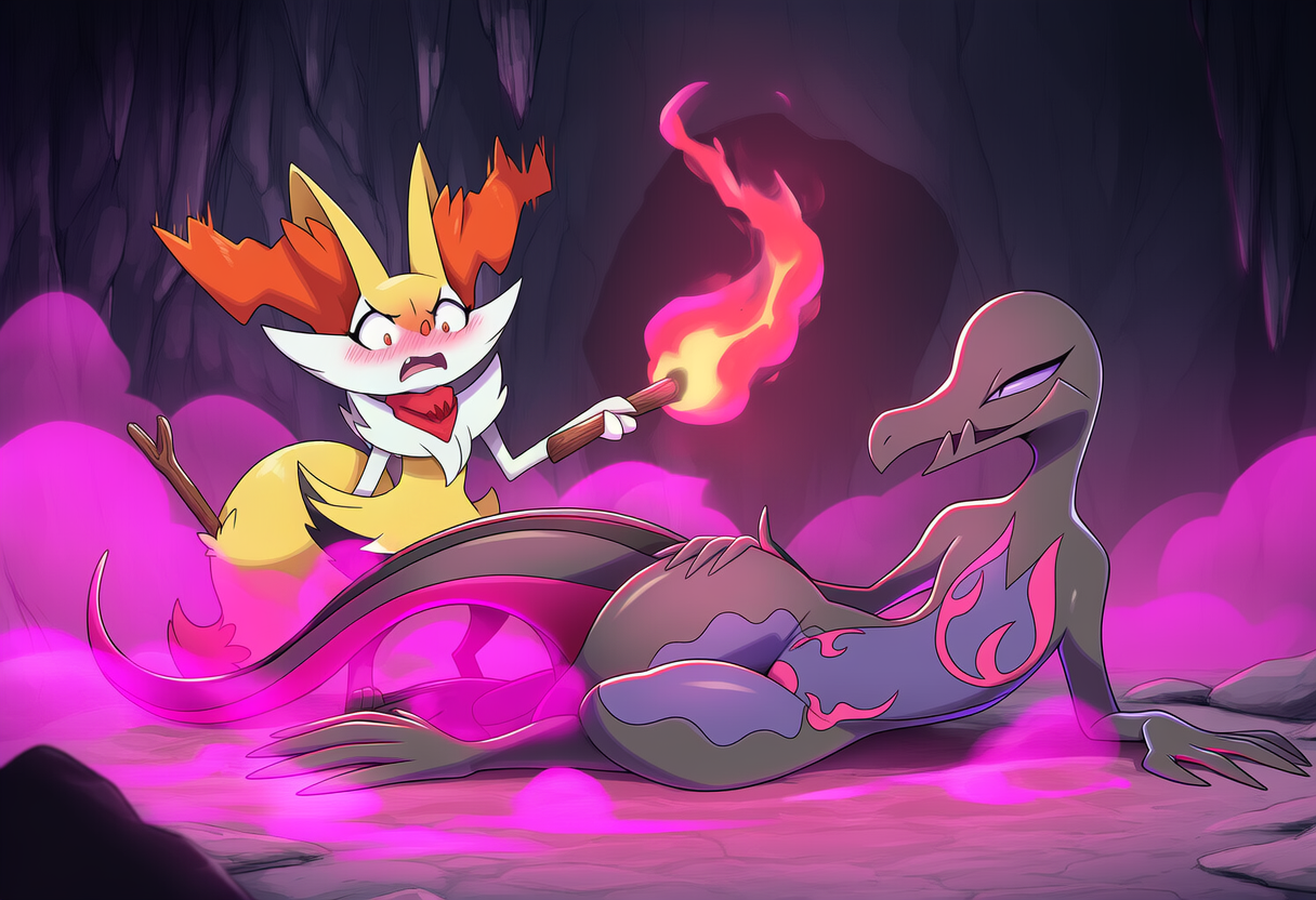 ambiguous_gender anthro aphrodisiac ascot black_body black_scales cave clothing female female/ambiguous fog fur pheromones scales torch yellow_body yellow_fur stressedout nintendo pokemon braixen canid canine fox generation_6_pokemon generation_7_pokemon lizard mammal pokemon_(species) reptile salazzle scalie