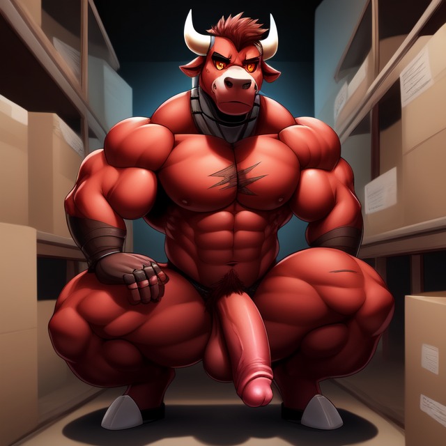 anthro balls bara big_balls big_penis genitals humanoid_genitalia humanoid_penis male muscular muscular_male orange_eyes penis red_body scars solo candougie case:_animatronics bull_(case) bovid bovine cattle mammal