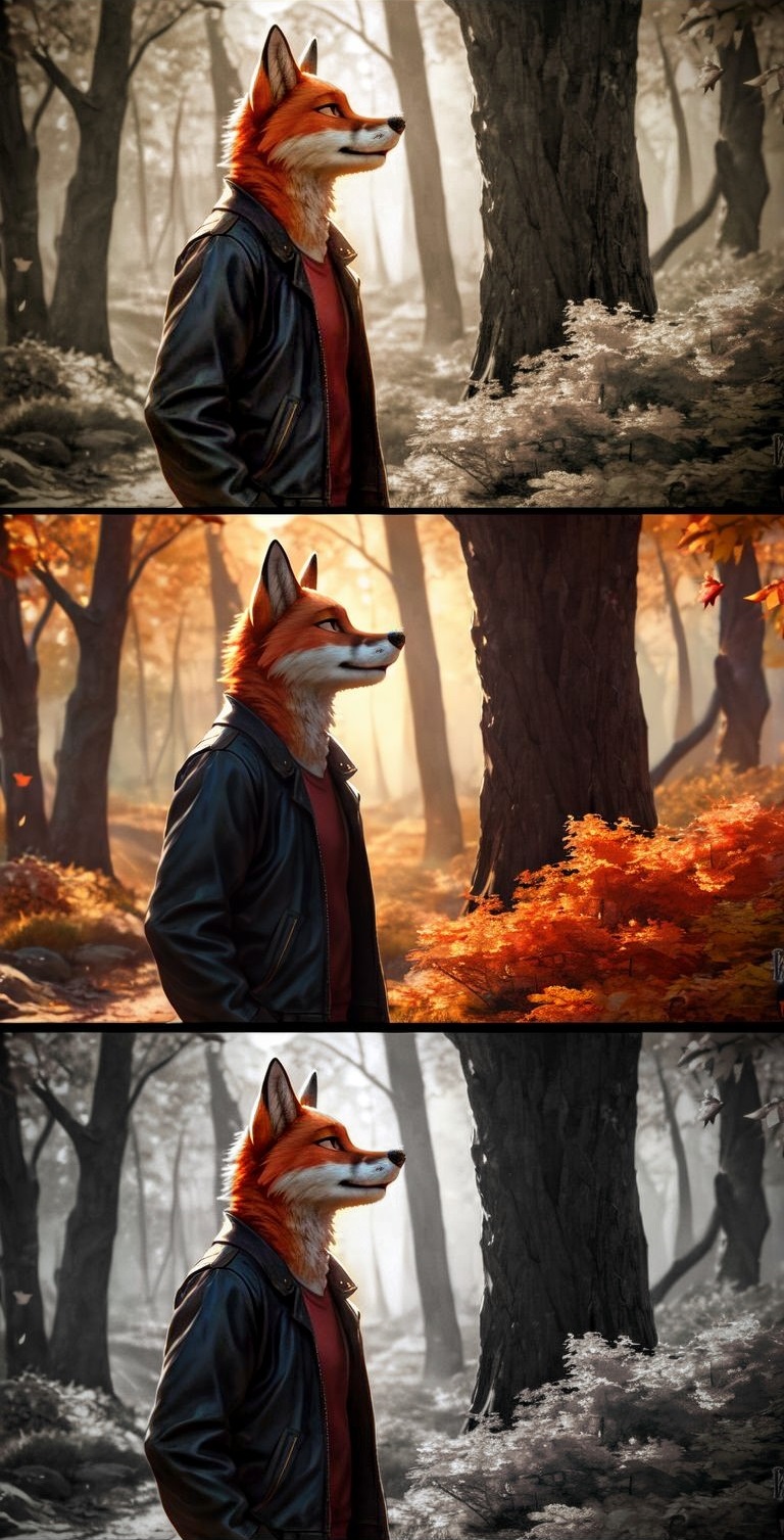 anthro autumn clothed clothing forest gradient_background jacket male photo_shoot photorealism plant simple_background solo topwear tree dimot canid canine fox mammal colored colorful hi_res photography_(artwork)