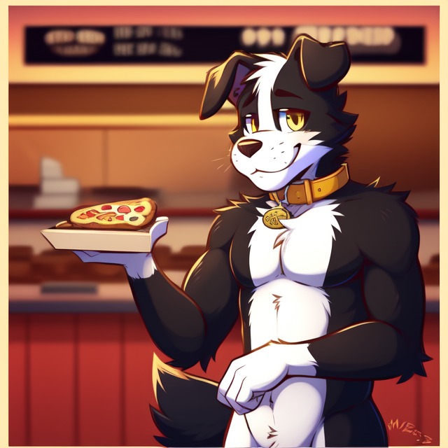 anthro black_body black_fur collar collar_only five_nights_at_freddy's food frosting.ai fur machine male male_focus nude pizza smile smiling_at_viewer solo solo_focus white_body white_fur yellow_eyes candougie those_nights_at_rachel's doug_(tnar) animatronic border_collie canid canine canis collie domestic_dog herding_dog mammal pastoral_dog robot sheepdog