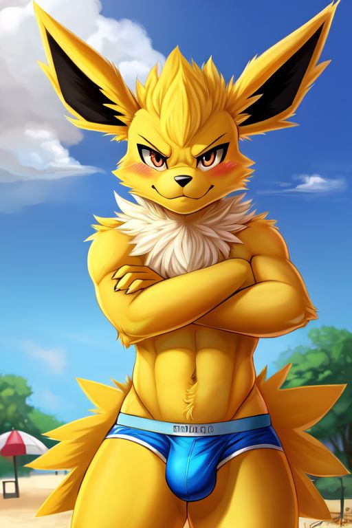 abs anthro arms_crossed blue_clothing blue_jockstrap blue_underwear blush bulge clothing director_ryder_cobolt fur jockstrap looking_at_viewer male smile smirk smirking_at_viewer solo underwear white_body white_fur yellow_body yellow_eyes yellow_fur nintendo pokemon canid canine canis eeveelution generation_1_pokemon jolteon mammal pokemon_(species) 2025 portrait