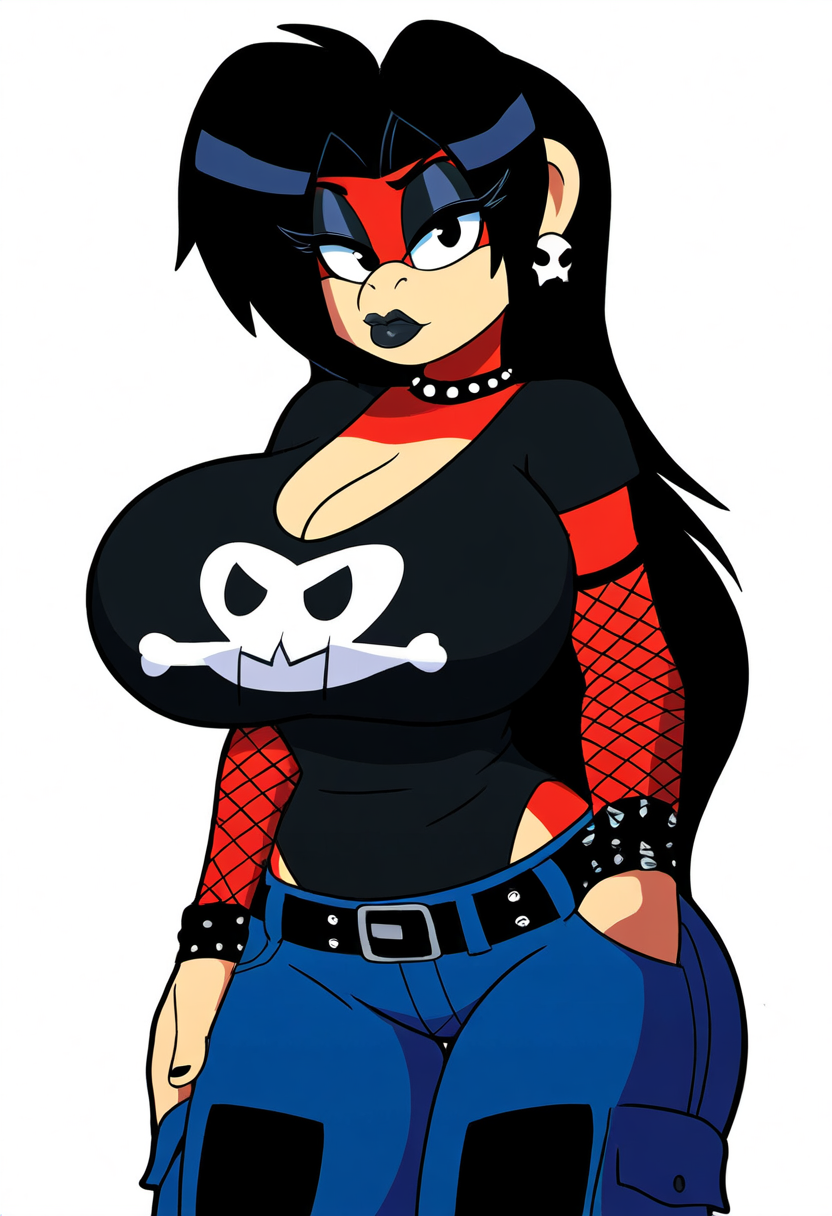 anthro big_breasts black_hair black_lipstick black_nails blue_bottomwear blue_clothing blue_pants bottomwear bracelet breasts cargo_pants clothing collar colored_nails donkey_kong_(series) ear_piercing ear_ring emo emo_haircut eyeshadow female fishnet fishnet_armwear hair hand_in_pocket jewelry lipstick long_hair makeup nails nintendo pants piercing pockets ring_piercing shirt simple_background solo spiked_bracelet spiked_collar spikes t-shirt topwear white_background candy_kong ape gorilla haplorhine mammal primate hi_res novelai