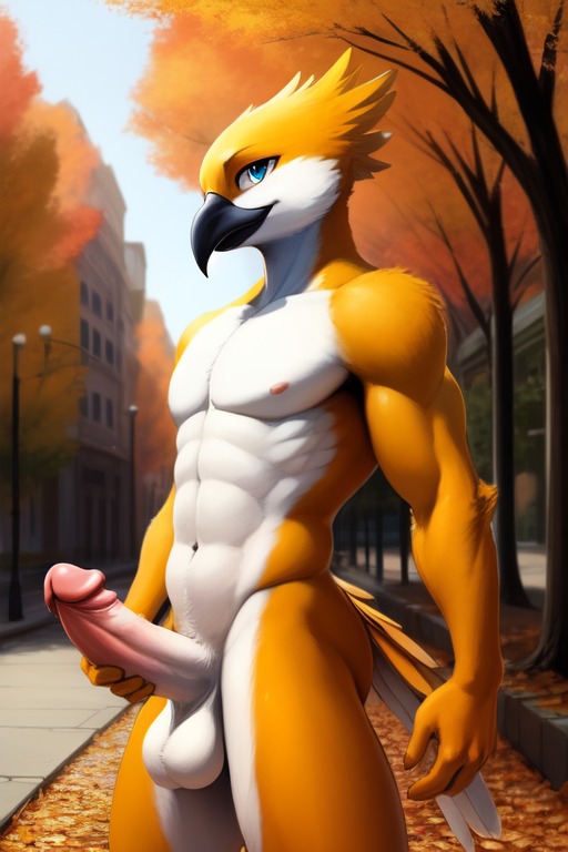 anthro genitals holding_penis male muscular penis solo avian bird mythological_avian mythological_creature mythological_firebird phoenix