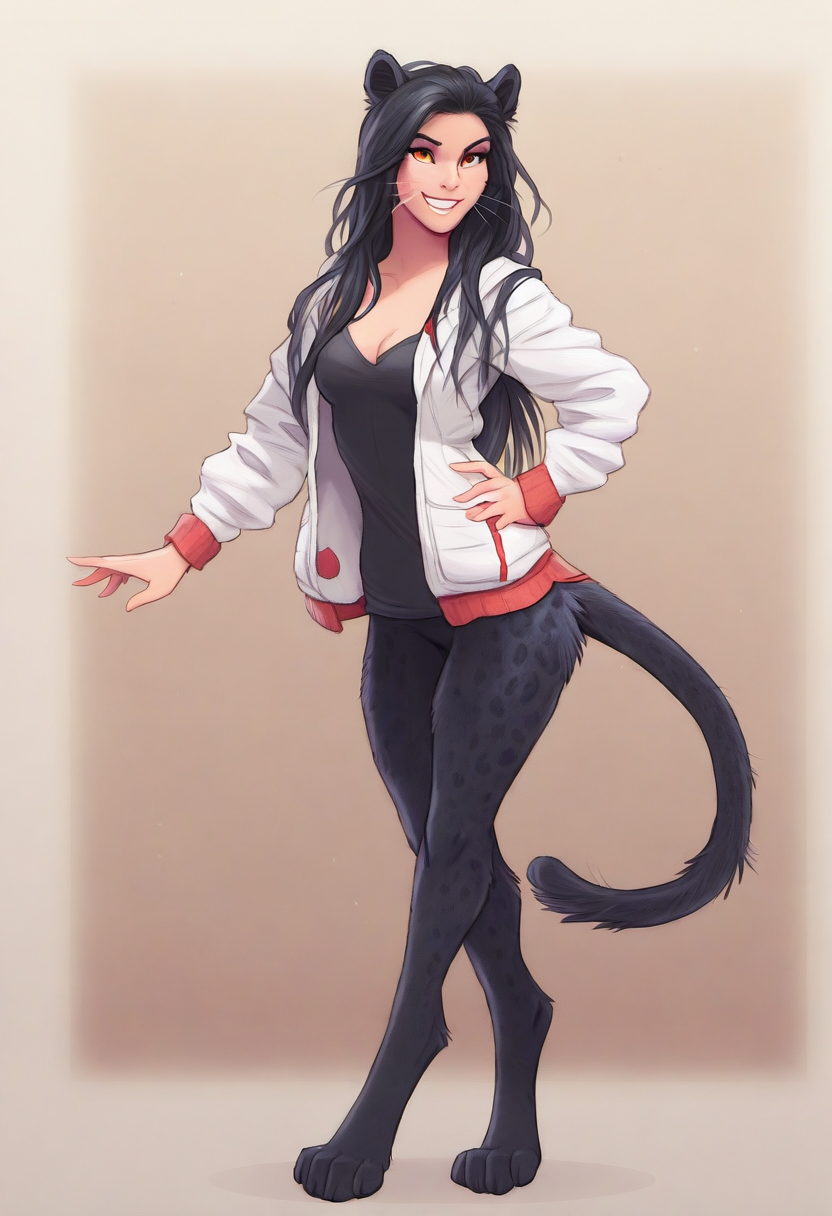 anthro black_body black_fur black_hair bottomless clothed clothing digitigrade female fur hair jacket long_hair looking_at_viewer nude pose shirt simple_background smile solo standing tasteful_nudity topwear director_crashbandit animal_humanoid cat_humanoid felid felid_humanoid feline feline_humanoid humanoid mammal mammal_humanoid pantherine pantherine_humanoid hi_res novelai