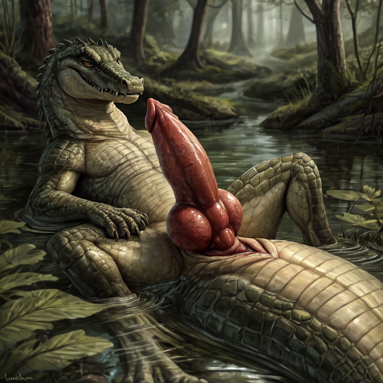 animal_genitalia animal_penis big_penis canine_genitalia canine_penis feral genital_slit genitals huge_penis knot light lying male penis slit smile smirk solo sunlight swamp natox crocodile crocodilian crocodylid reptile scalie