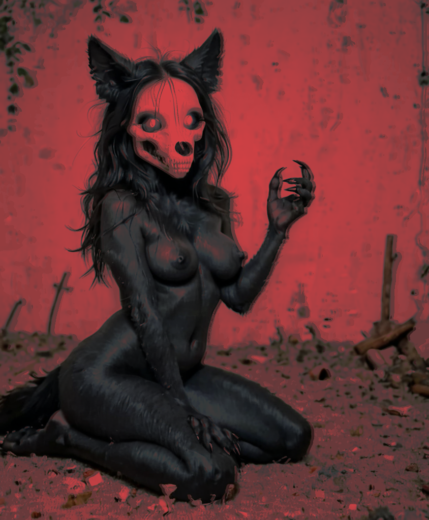 anthro black_body black_fur black_hair bone breasts female fur hair looking_at_viewer nipples nude skull skull_head solo redr scp_foundation mal0 scp-1471 scp-1471-a canid canine canis malo mammal