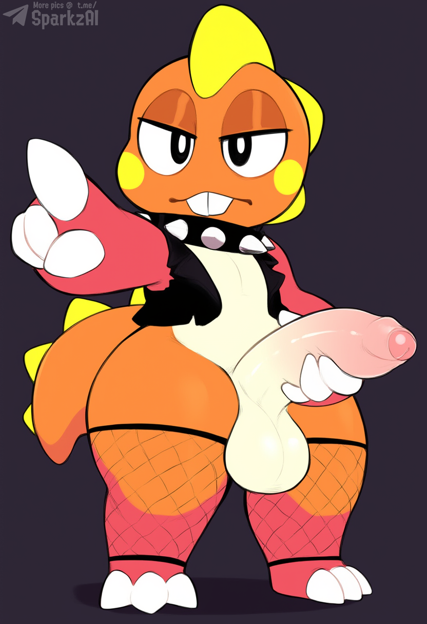 anthro balls big_balls big_penis biped claws clothed clothing collar erection fishnet fishnet_clothing fishnet_legwear foreskin genitals gesture hand_gesture holding_penis humanoid_genitalia humanoid_penis legwear male narrowed_eyes orange_body penis pointing red_body simple_background solo spiked_collar spikes tail teeth text thick_thighs topwear vest sergalbutt bubble_bobble bubble_dragon scalie hi_res signature url