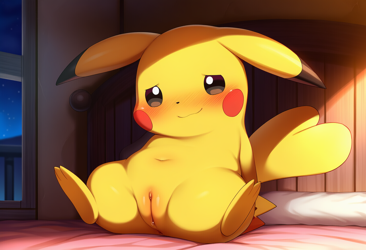 animal_genitalia anus bed bedroom_eyes belly_button blush bodily_fluids body_blush butt clitoris ears_down feet female feral fur furniture genital_fluids genitals gesture hands_behind_back in_bedroom looking_at_viewer narrowed_eyes nervous_smile night on_bed pillow pivoted_ears plump_labia presenting presenting_anus presenting_hindquarters presenting_pussy pussy pussy_blush pussy_juice railing seductive sitting sitting_on_bed sky smile soles solo spread_legs spreading star tail_gesture tail_heart window yellow_body yellow_fur jomisa nintendo pokemon generation_1_pokemon pikachu pokemon_(species)