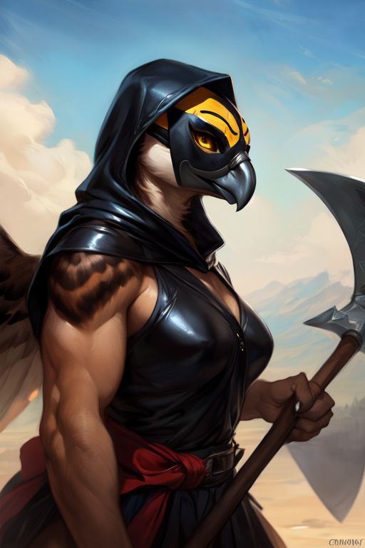 anthro axe bardiche belt black_hood brown_body brown_feathers clothing desert feathers female leather leather_clothing leather_hood leather_topwear mask melee_weapon polearm red_belt sky solo topwear weapon yellow_eyes bahufaru camila_hawk_(bahufaru) accipitrid accipitriform avian bird