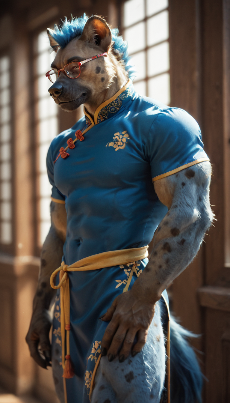 anthro belt blue_body blue_clothing blue_fur clothing eyewear fur glasses hair male mohawk muscular muscular_male nipple_outline qipao solo spots spotted_body spotted_fur standing redstallion_(director) hyaenid mammal spotted_hyena hi_res