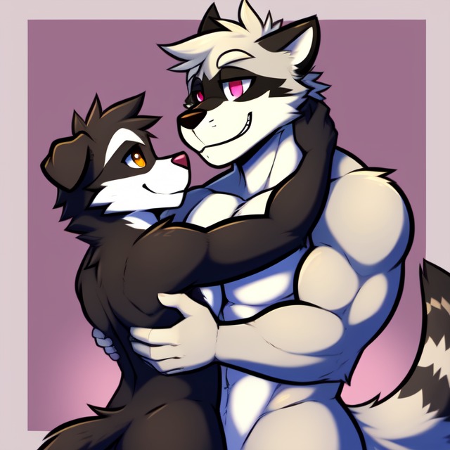 anthro black_body black_fur duo duo_focus embrace five_nights_at_freddy's frosting.ai fur grey_body grey_fur group hug looking_at_another looking_at_partner machine male male/male male_focus muscular muscular_anthro muscular_male pink_eyes romantic romantic_couple smile smiling_at_partner yellow_eyes candougie those_nights_at_rachel's doug_(tnar) ray_(tnar) animatronic canid canine canis domestic_dog herding_dog mammal pastoral_dog procyonid raccoon robot sheepdog