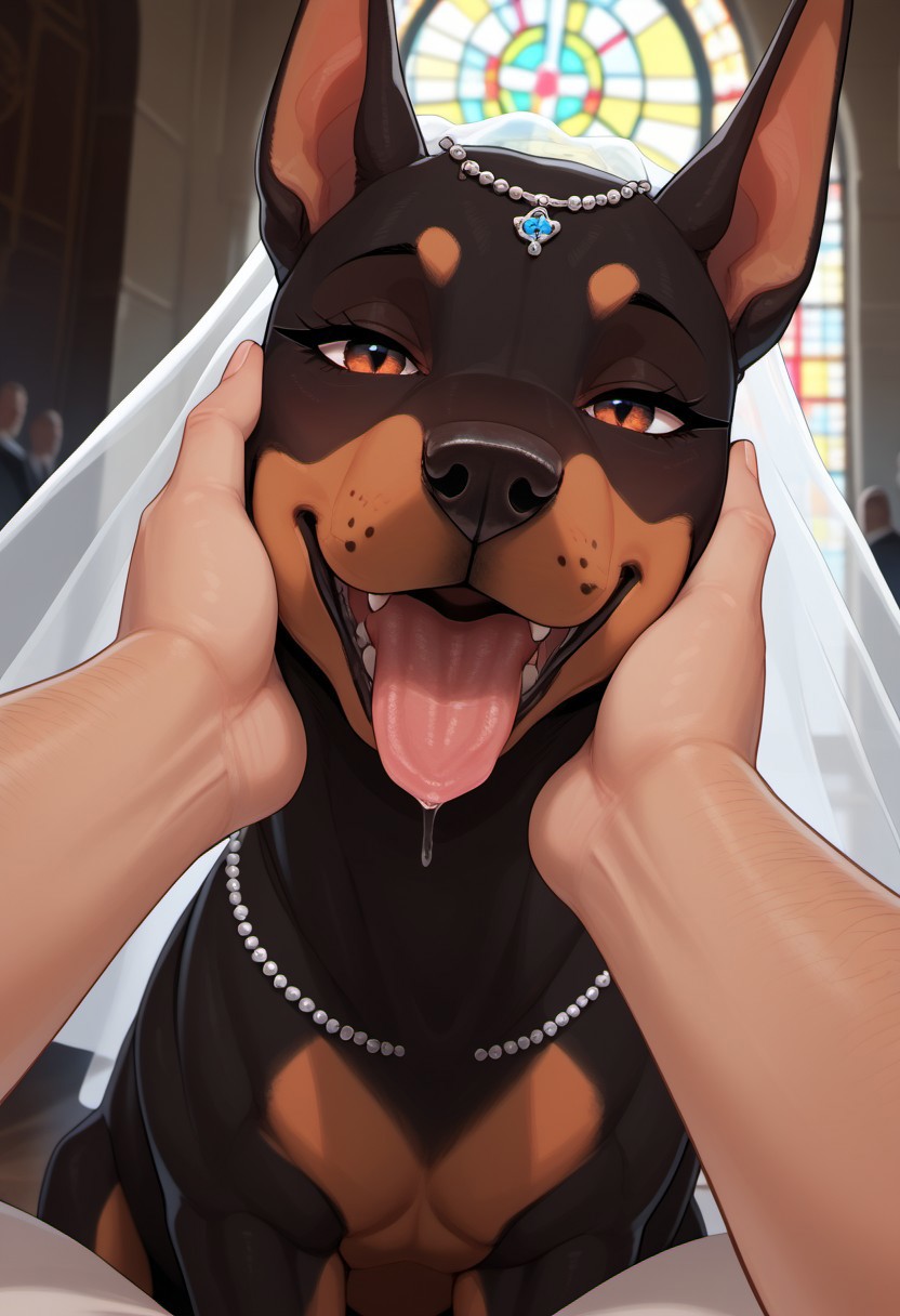 bestiality brown_body brown_fur duo female feral first_person_view fur hand_on_cheek human_on_feral interspecies male male/female petting tongue tongue_out wedding wedding_veil cosmosuscoliosus canid canine canis dobermann domestic_dog human mammal pinscher hi_res