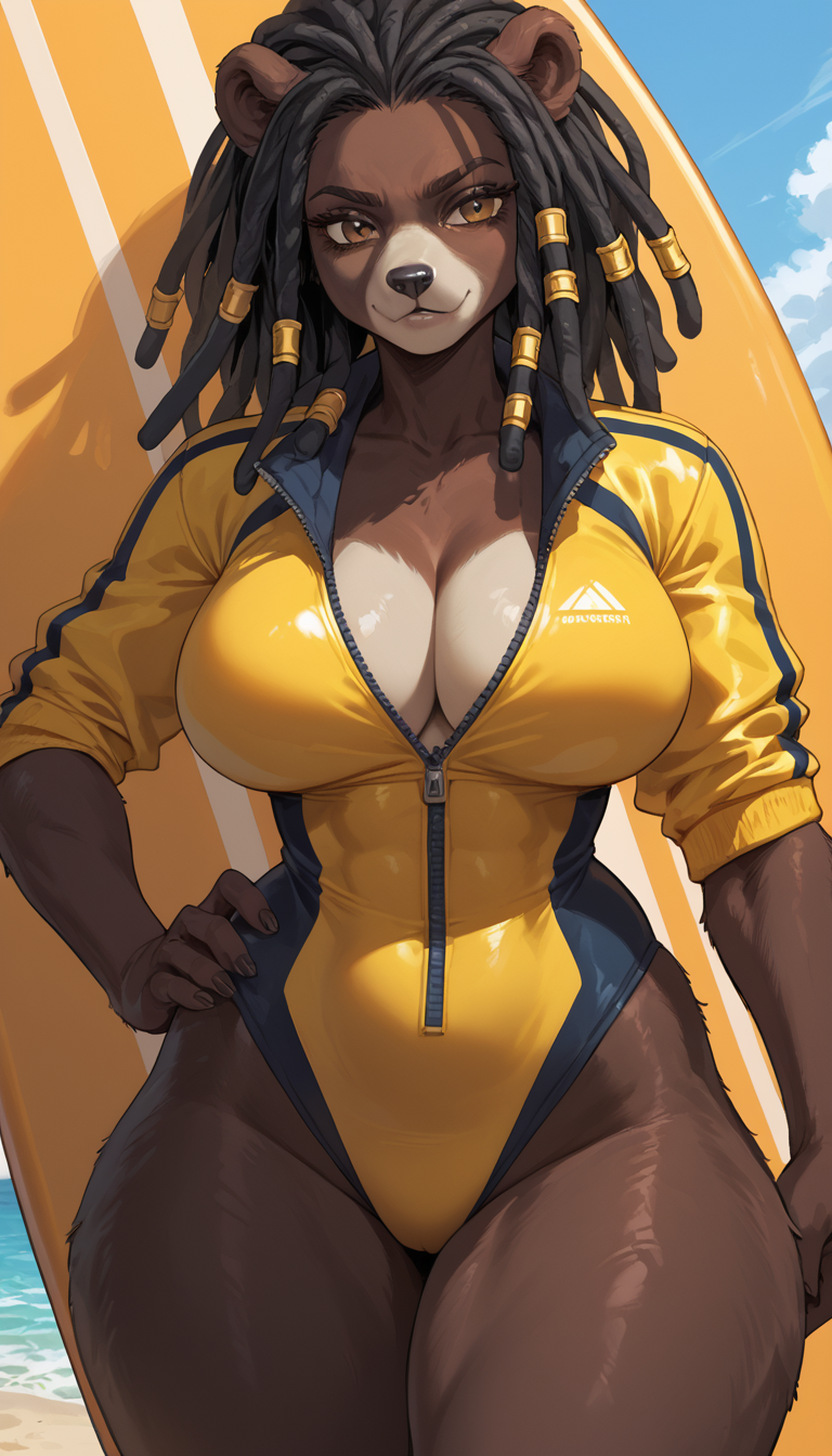 anthro beach big_breasts breasts brown_body brown_fur cleavage clothed clothing curvy_figure dreadlocks female fur hourglass_figure seaside smile solo surfboard wetsuit redstallion_(director) mammal ursid hi_res