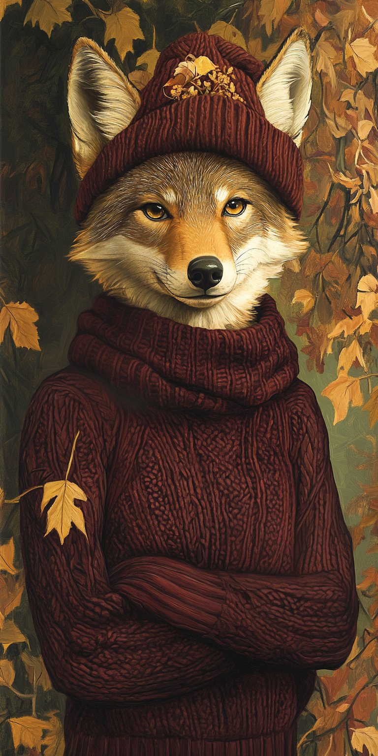 anthro autumn autumn_leaves beanie black_nose clothing female hat headgear headwear solo solo_focus sweater topwear toque whiskers wool_clothing wool_hat wool_headwear yellow_eyes bahufaru sarah_doyle canid canine canis coyote mammal hi_res portrait