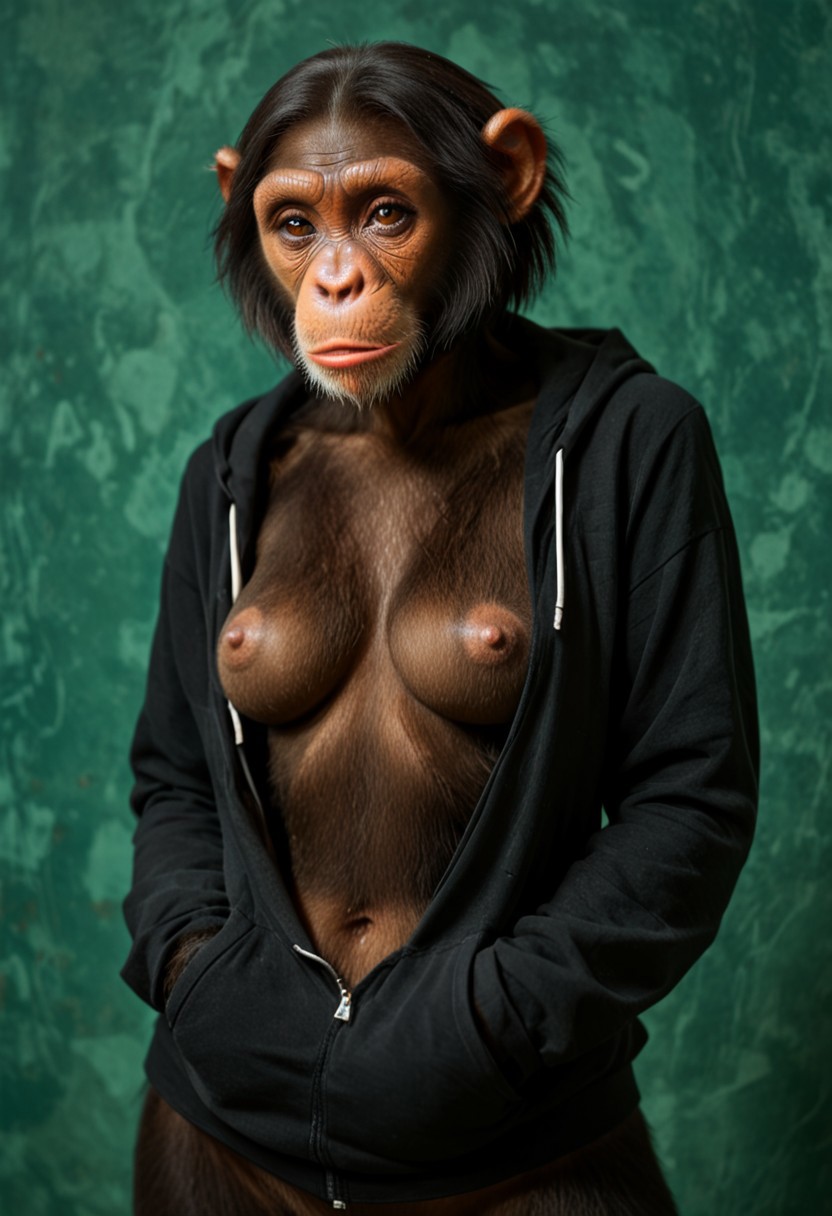 2024 anthro black_clothing breasts clothed clothing female fur hair hand_in_pocket hands_in_both_pockets hoodie mostly_nude navel nipples nude partially_clothed photorealism photorealistic pockets realism realistic simple_background solo standing topwear zipper carnivalecloudmuncher ape chimpanzee haplorhine mammal monkey primate hi_res