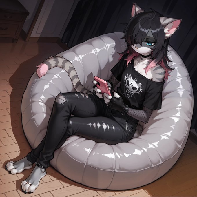 anklet anthro barefoot clothing digit_ring emo feet female fur hair inside jewelry paws ring sitting solo toe_ring rizzenwolf_(director) kat_(character) domestic_cat felid feline felis humanoid mammal tabby_cat