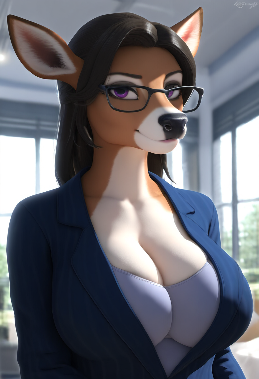 anthro big_breasts breasts brown_hair business_clothing cleavage clothed clothing eyebrows eyelashes eyewear female fur glasses hair large_breasts long_hair looking_at_viewer multicolored_body multicolored_fur office office_clothing purple_eyes solo suit two_tone_body two_tone_fur majorfluffy_(director) capreoline cervid mammal white-tailed_deer hi_res