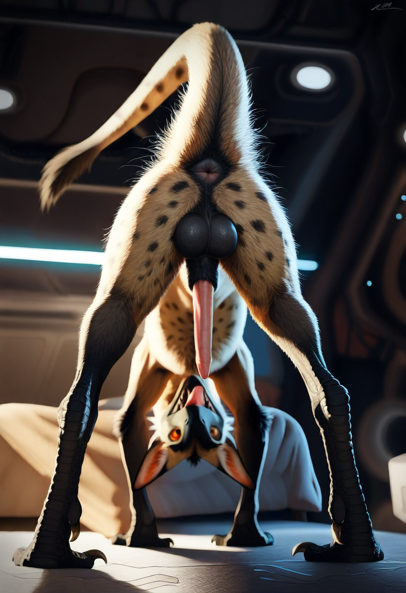 alien_planet animal_genitalia animal_penis anus balls bent_over black_anus bodily_fluids claws dewclaw digitigrade dripping equine_anus erection facial_markings feral fur fuzzy genital_fluids genitals head_markings inside leaning leaning_forward long_ears long_tail long_tongue looking_at_viewer looking_back looking_back_at_viewer lying male mane markings on_back orange_eyes penis prehensile_tongue presenting presenting_anus raised_tail rear_view scuted_legs scutes sheath silly solo spots spotted_body spotted_fur spread_legs spreading tail_tuft talons tongue tuft ausfer alien hybrid lyeen hi_res