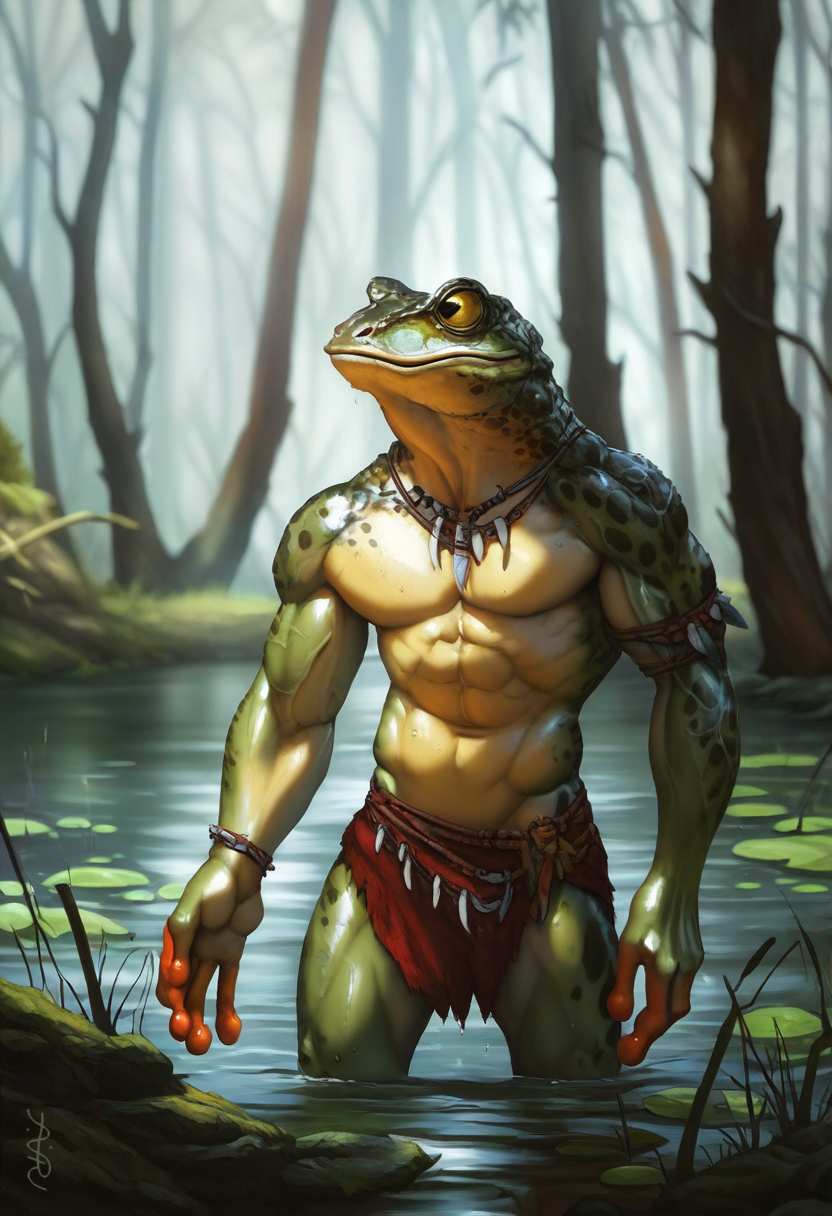 2024 abs anthro biceps bottomwear clothing flower jewelry landscape lily_pad loincloth looking_away male male_focus muscular muscular_male nature nature_background necklace plant scales solo swamp tribal tribal_clothing tribal_jewelry water avaru amphibian frog hi_res