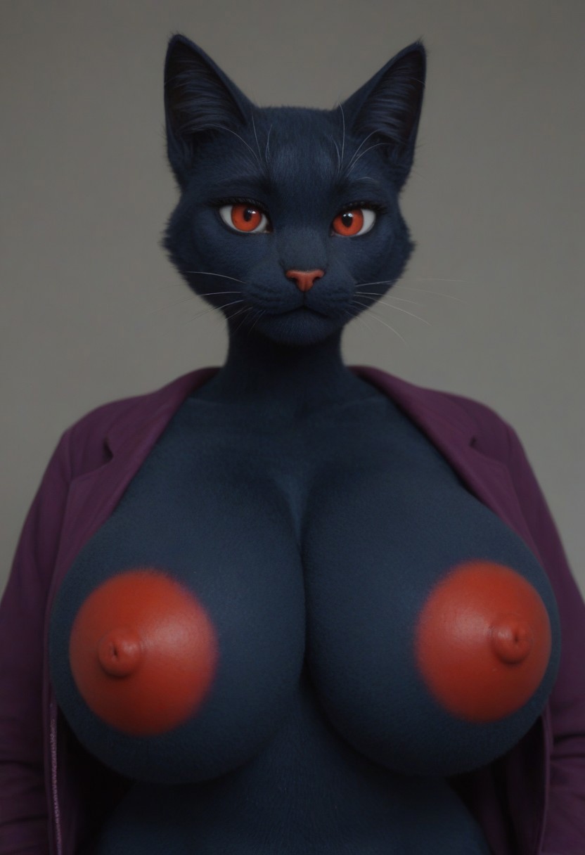 anthro big_breasts blue_body blue_fur blue_inner_ear_fluff breasts clothed clothing female fur grey_background inner_ear_fluff jacket looking_at_viewer nipples red_eyes red_nipples red_nose simple_background solo standing topwear tuft whiskers cow_of_fire domestic_cat felid feline felis mammal hi_res shaded